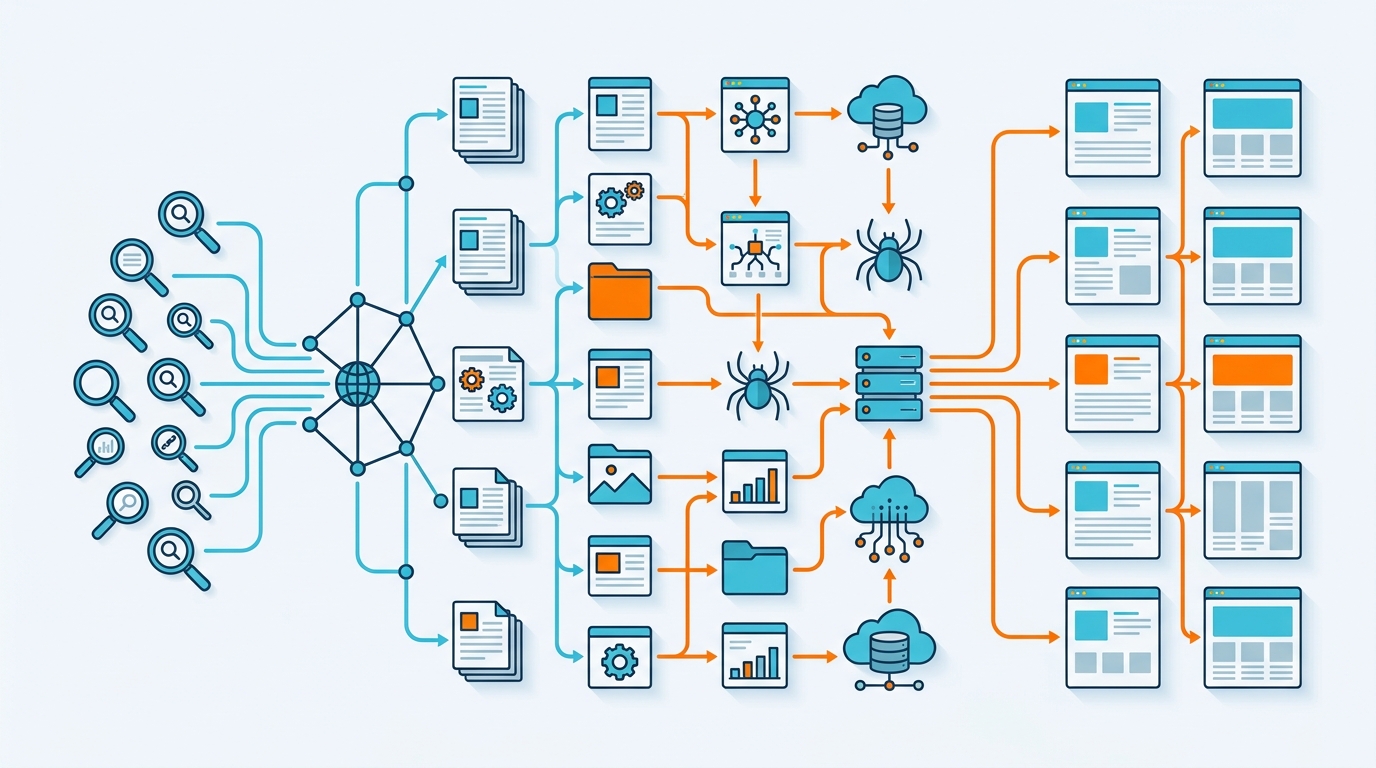 Diagrama de arquitectura web y rastreo de motores de busqueda en SEO para negocios