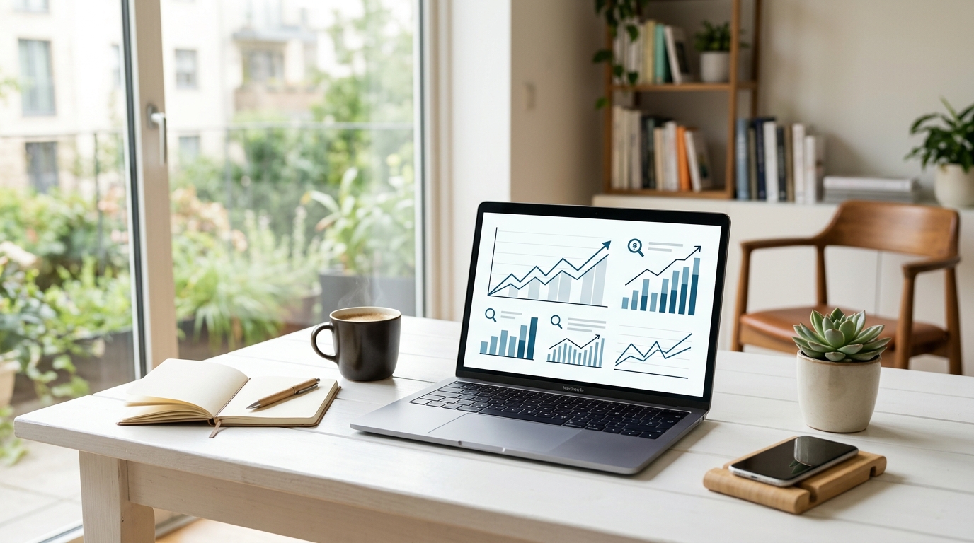 Espacio de trabajo luminoso con analitica web y graficos de crecimiento para SEO para negocios